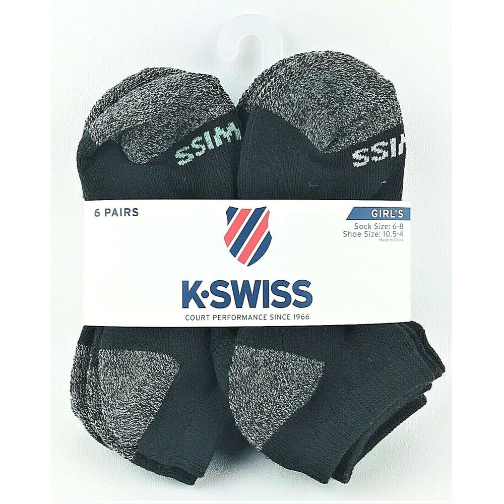 K Swiss Girls 6 Pair Low Cut Socks Black/Grey w Color Size 6-8 Shoe Sz 10.5-4